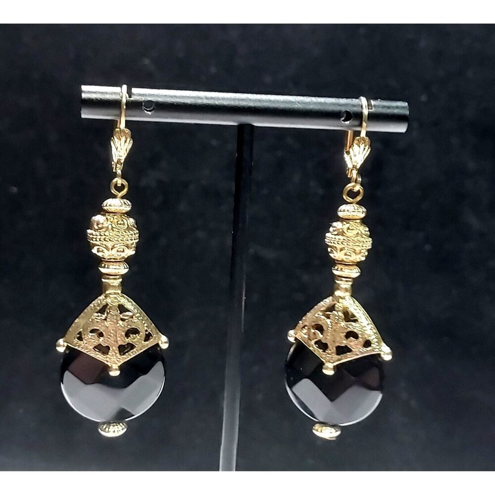 Stunning Black Agate Gold Tone Drop Dangle Swivel 2 1/2" Earrings